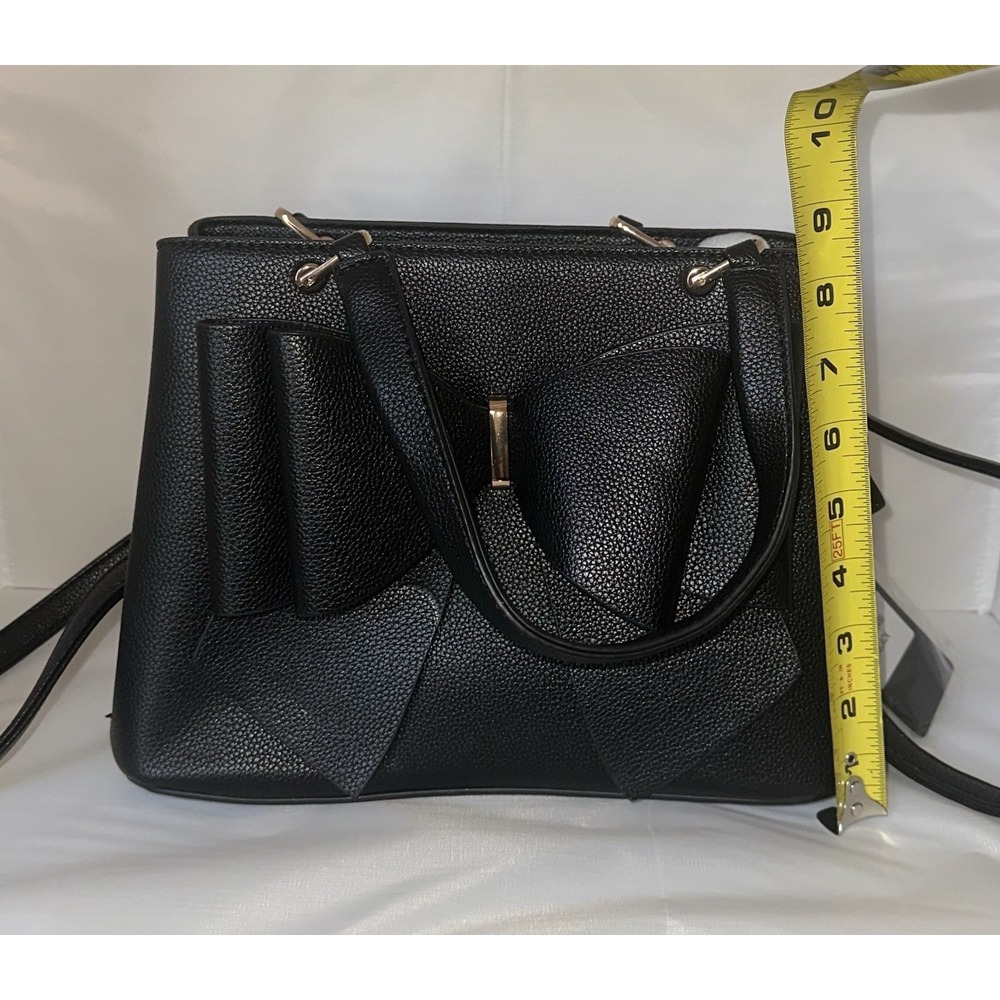 Crossi Black Faux Leather Satchel Double Bow Accent Gold Hardware Inner Pockets - Picture 6 of 7